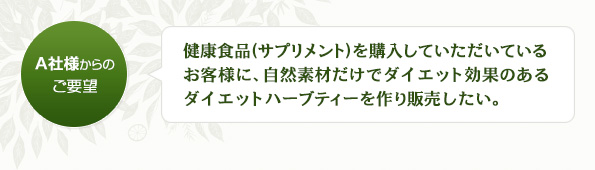 健康食品（サプリメント）を購入していただいているお客様に、自然素材だけでダイエット効果のあるダイエットハーブティーを作り販売したい。